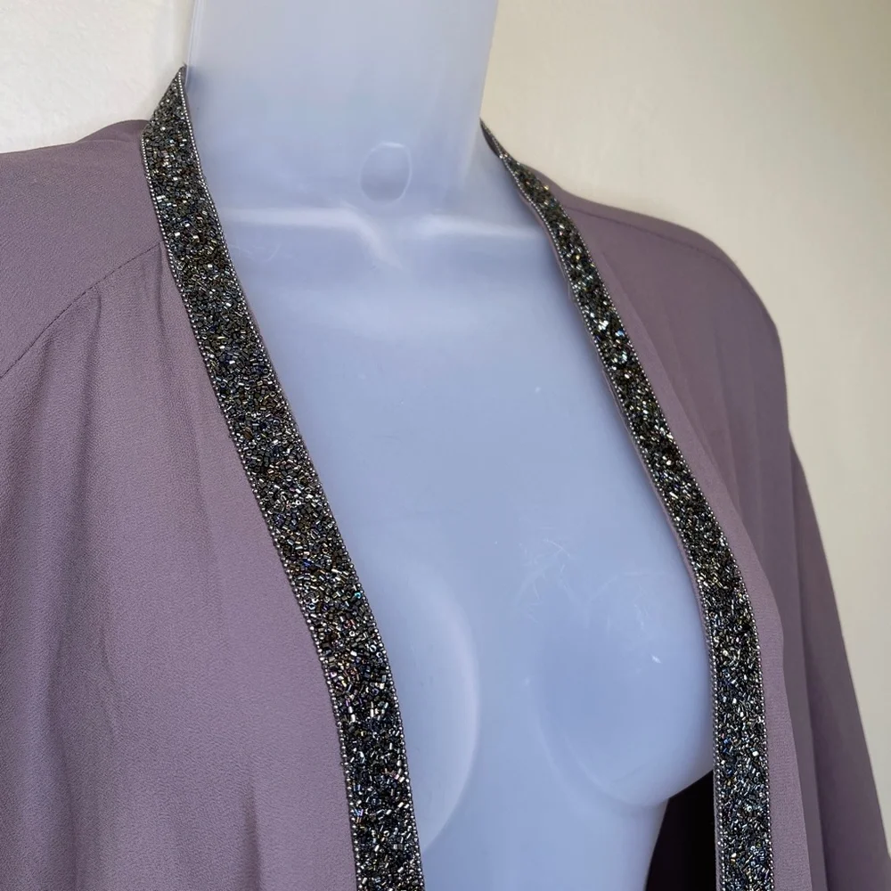 Bishop + Young | Embellished Beaded Ribbon Open Front High Low Sheer Kimono - Picture 7 of 16